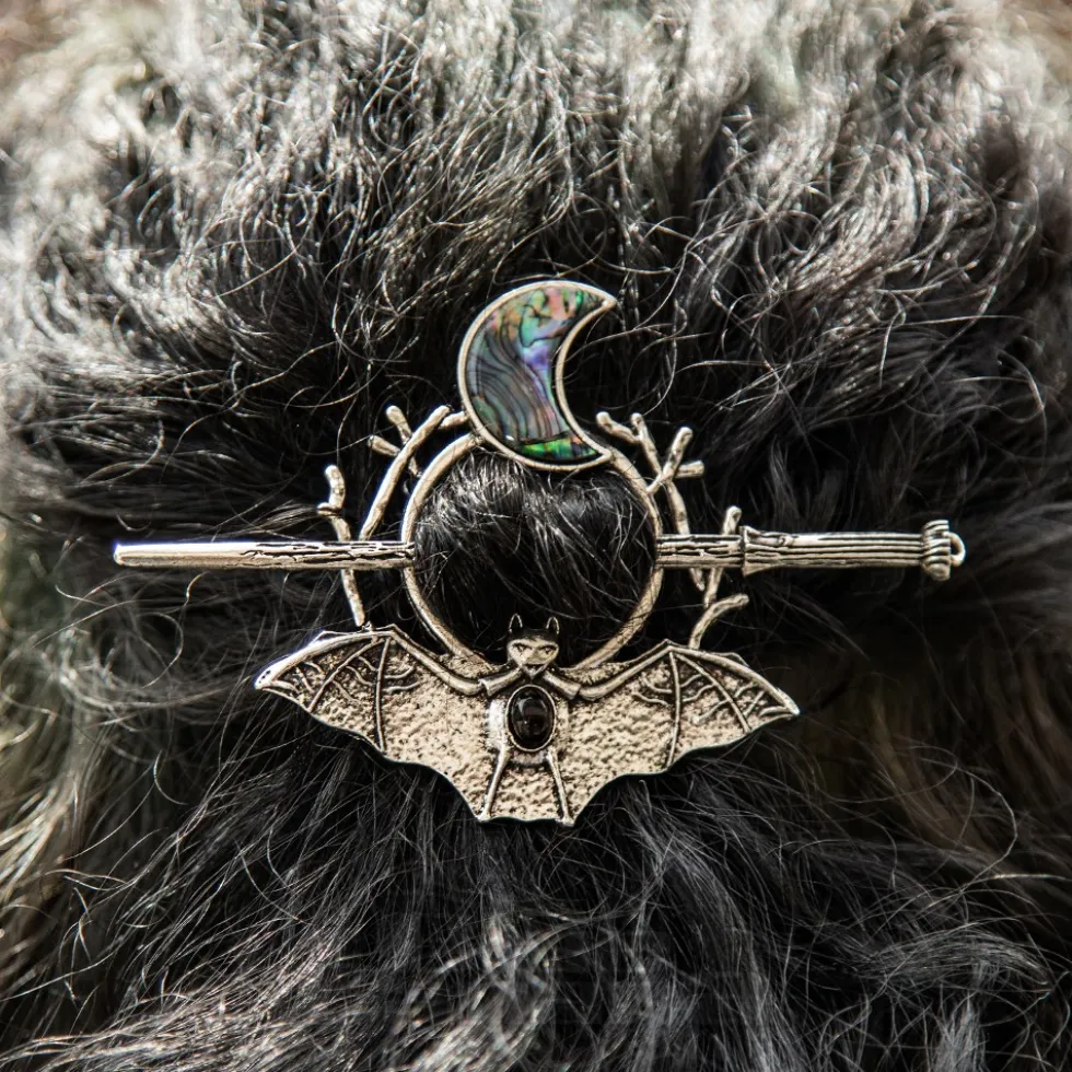 Blue Banana Bat & Moon Hair Pin (Silver)
