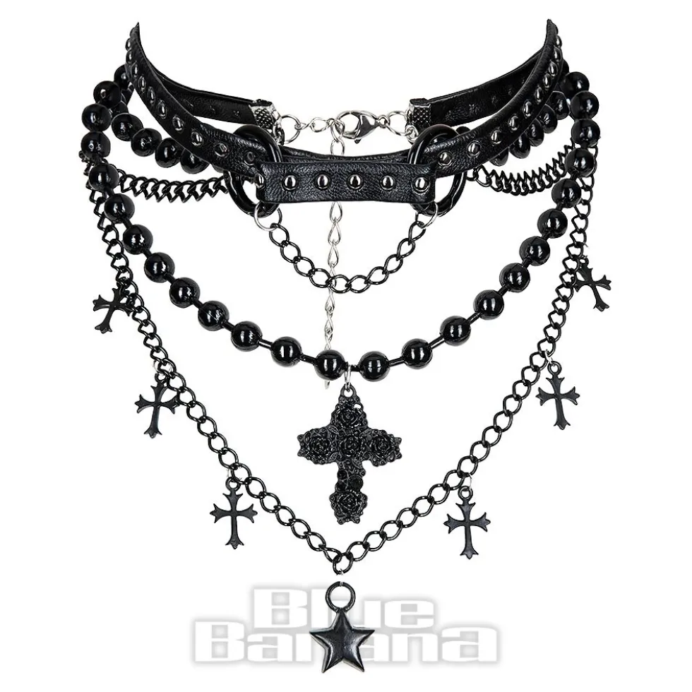 Blue Banana Beaded Cross Choker (Black)