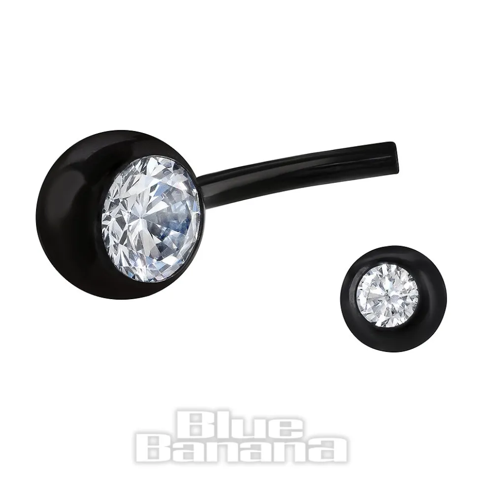 Blue Banana Black Titanium 1.6mm Internally Threaded Double Jewelled Navel Bar (Crystal)