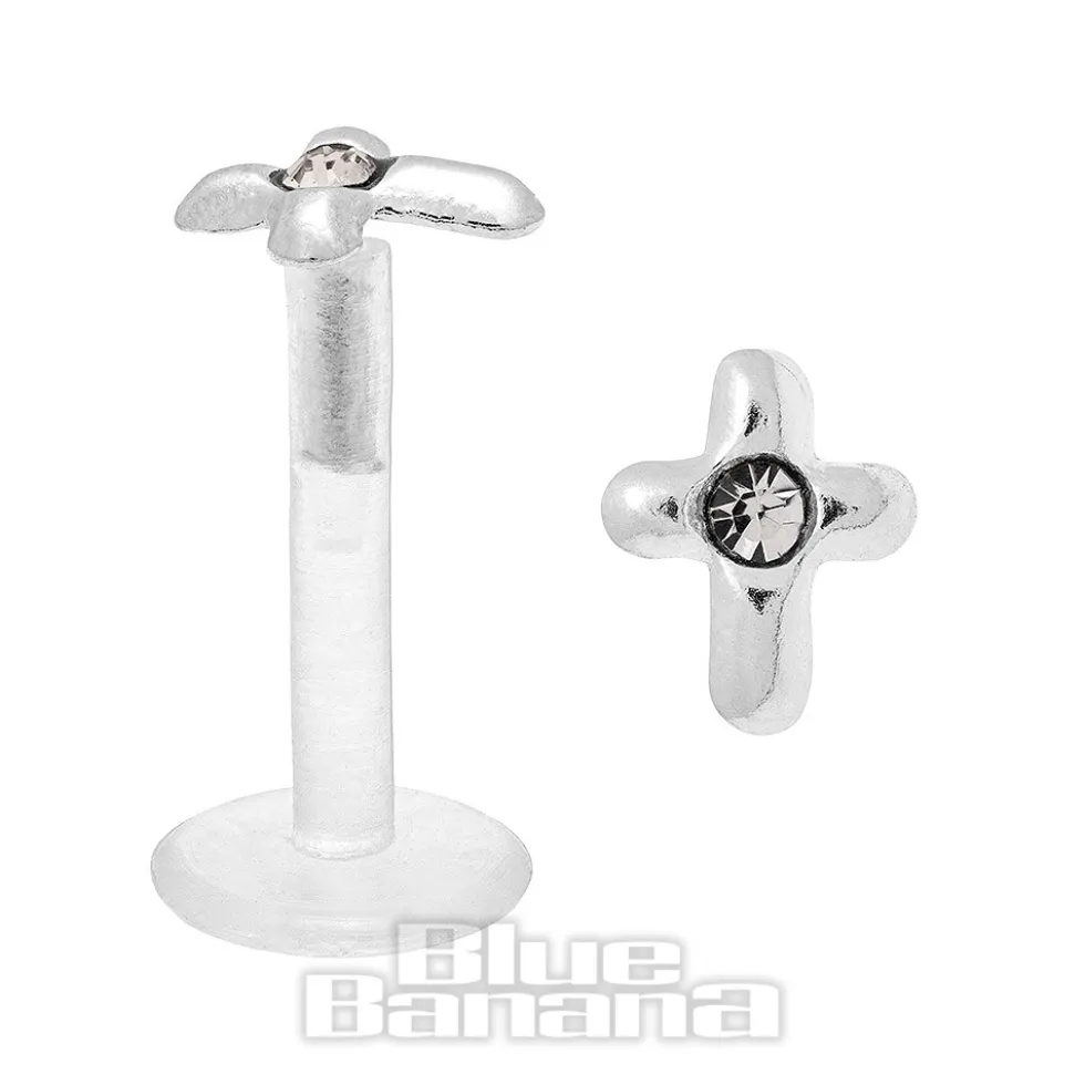 Blue Banana Cross Bioflex 1.2mm Tragus Stud (Clear/Silver)