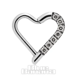 Blue Banana Crystal Heart Surgical Steel 1.2mm Hinged Segment Ring (Silver)