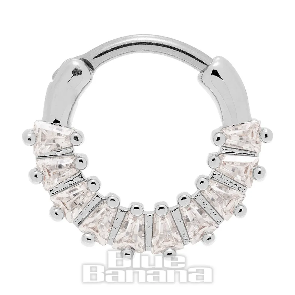 Blue Banana Crystal Squares Surgical Steel Hinged Segment Ring (Silver)