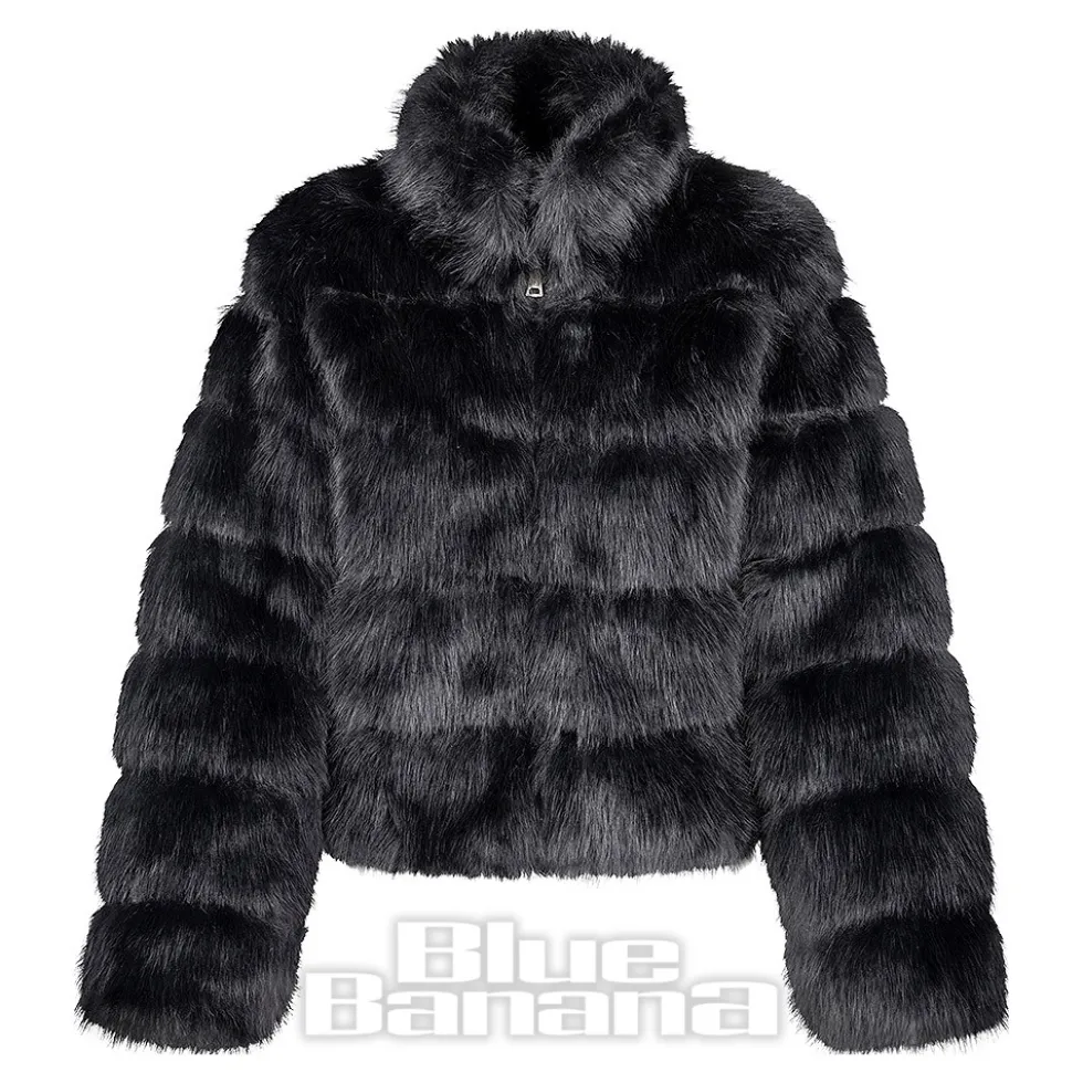 Blue Banana Faux Fur Zip Jacket (Black)