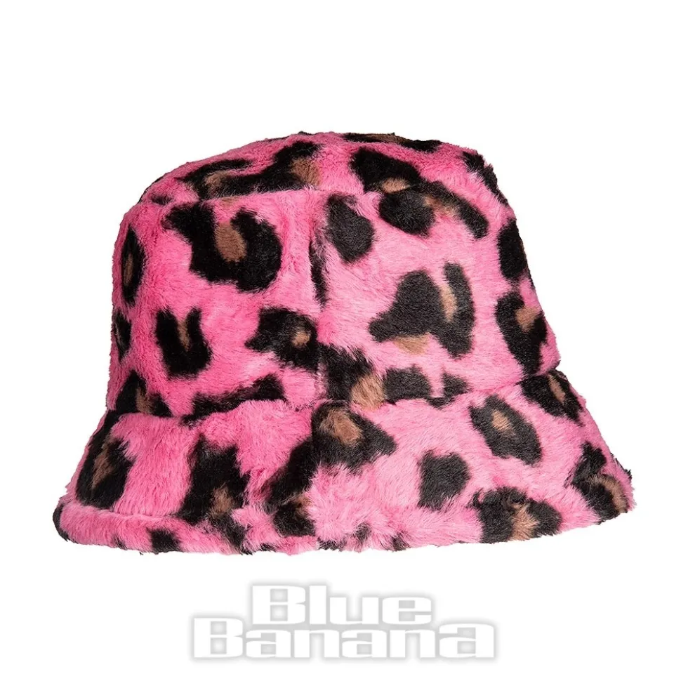 Blue Banana Fluffy Leopard Bucket Hat (Pink)