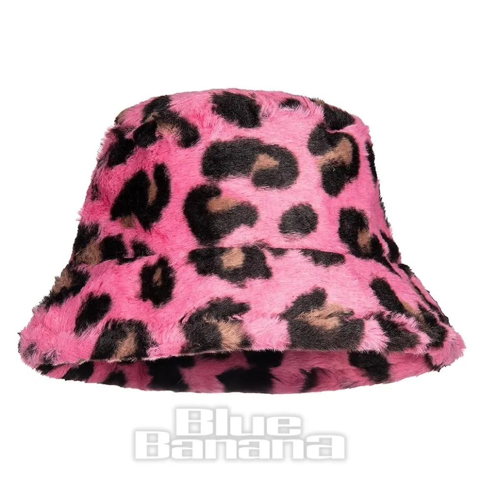 Blue Banana Fluffy Leopard Bucket Hat (Pink)