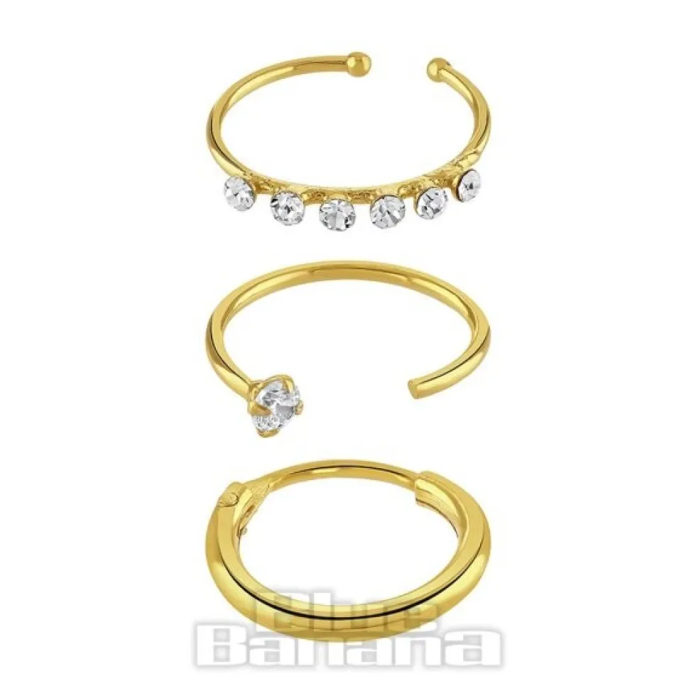 Blue Banana Gold Assorted Nose Rings (3 Pack)
