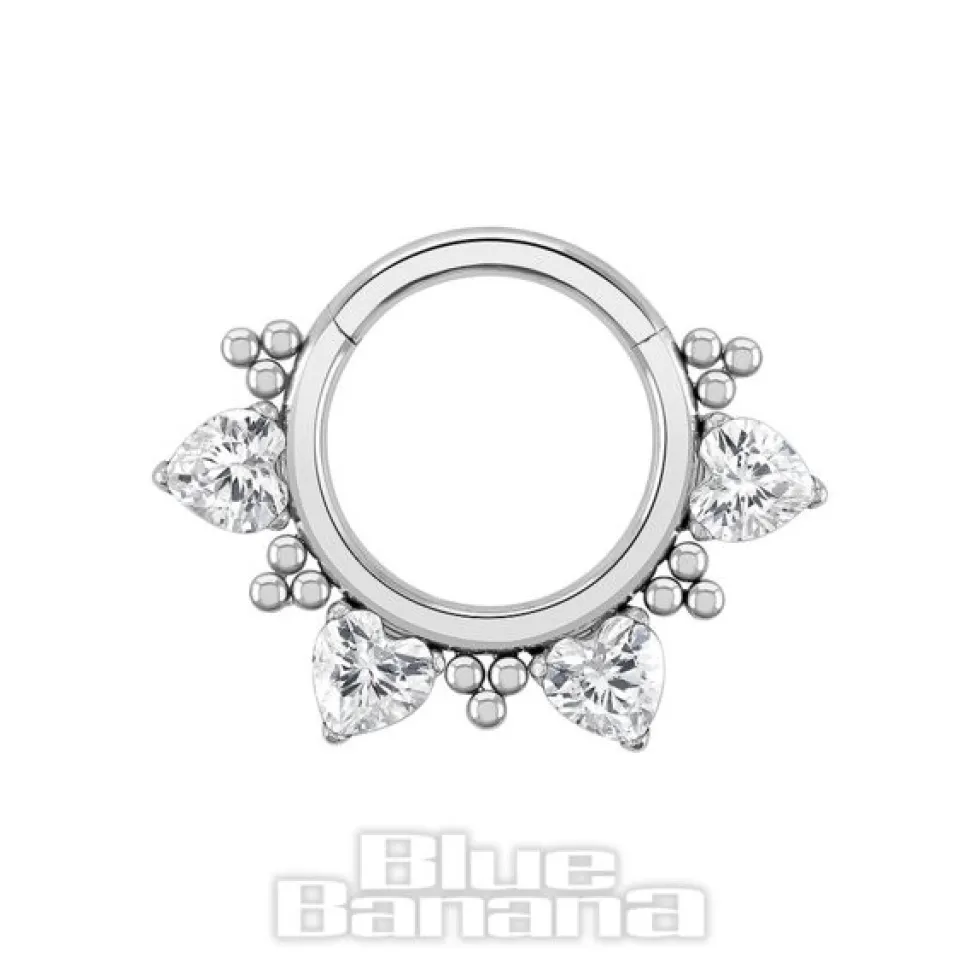 Blue Banana Polished Titanium 1.2 X 8mm Hinged Segment Ring Crystal Hearts (Silver)