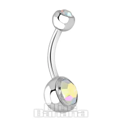 Blue Banana Polished Titanium 1.6mm Double Jewelled Navel Bar (Yellow Aurora Borealis)