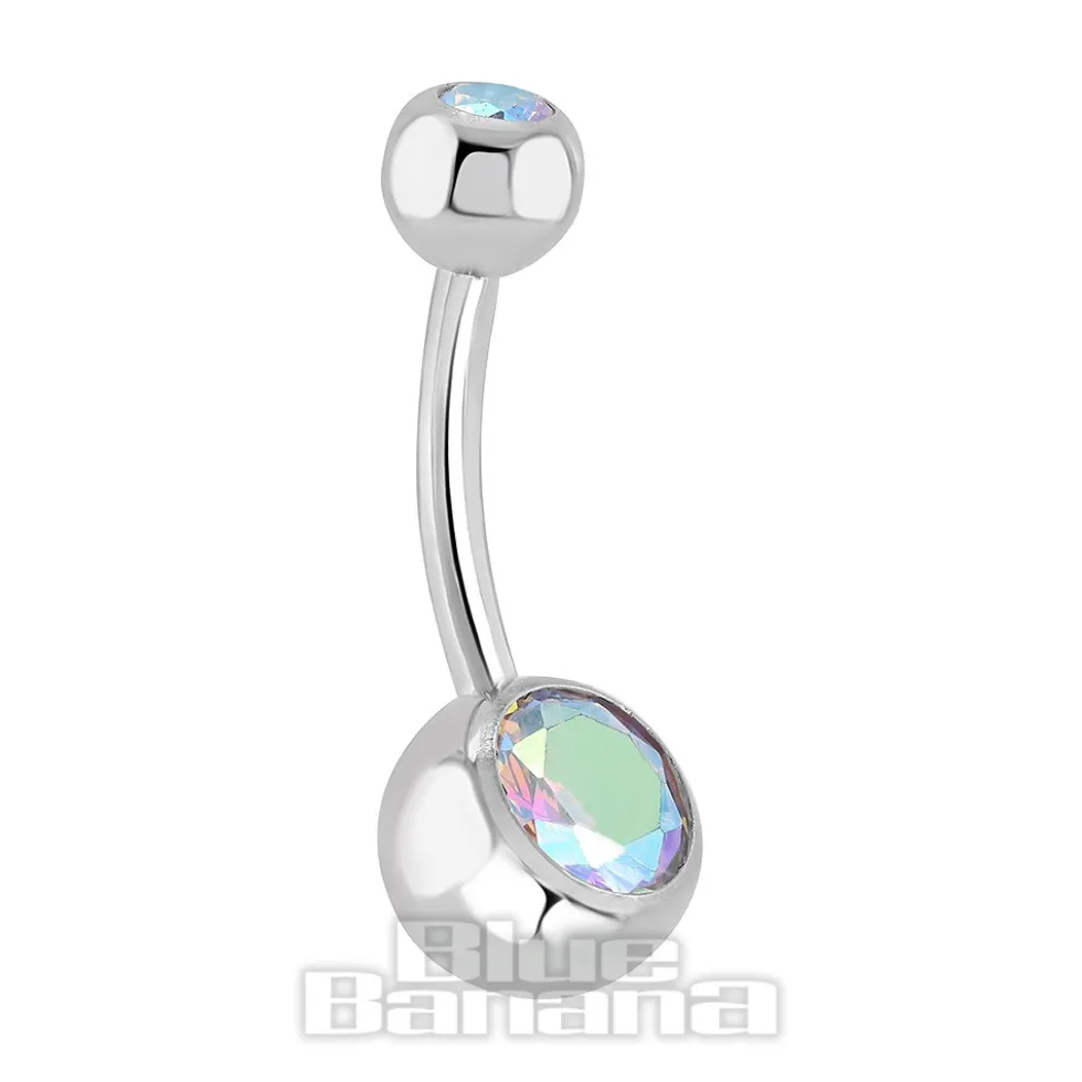 Blue Banana Polished Titanium 1.6mm Double Jewelled Navel Bar (Blue Aurora Borealis)