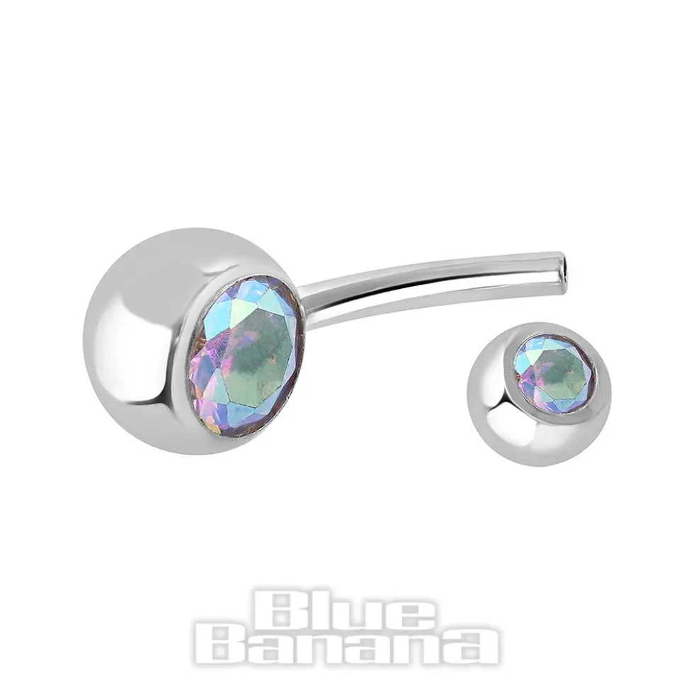 Blue Banana Polished Titanium 1.6mm Double Jewelled Navel Bar (Blue Aurora Borealis)