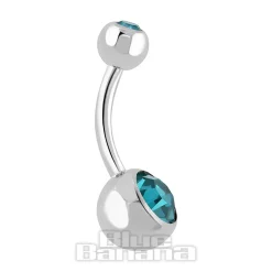 Blue Banana Polished Titanium 1.6mm Internally Threaded Double Jewelled Navel Bar (Zircon Blue)