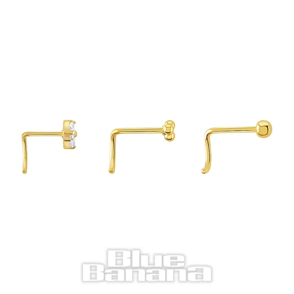 Blue Banana Pvd Gold 3 Pack Assorted Jewelled Nose Stud (Gold)