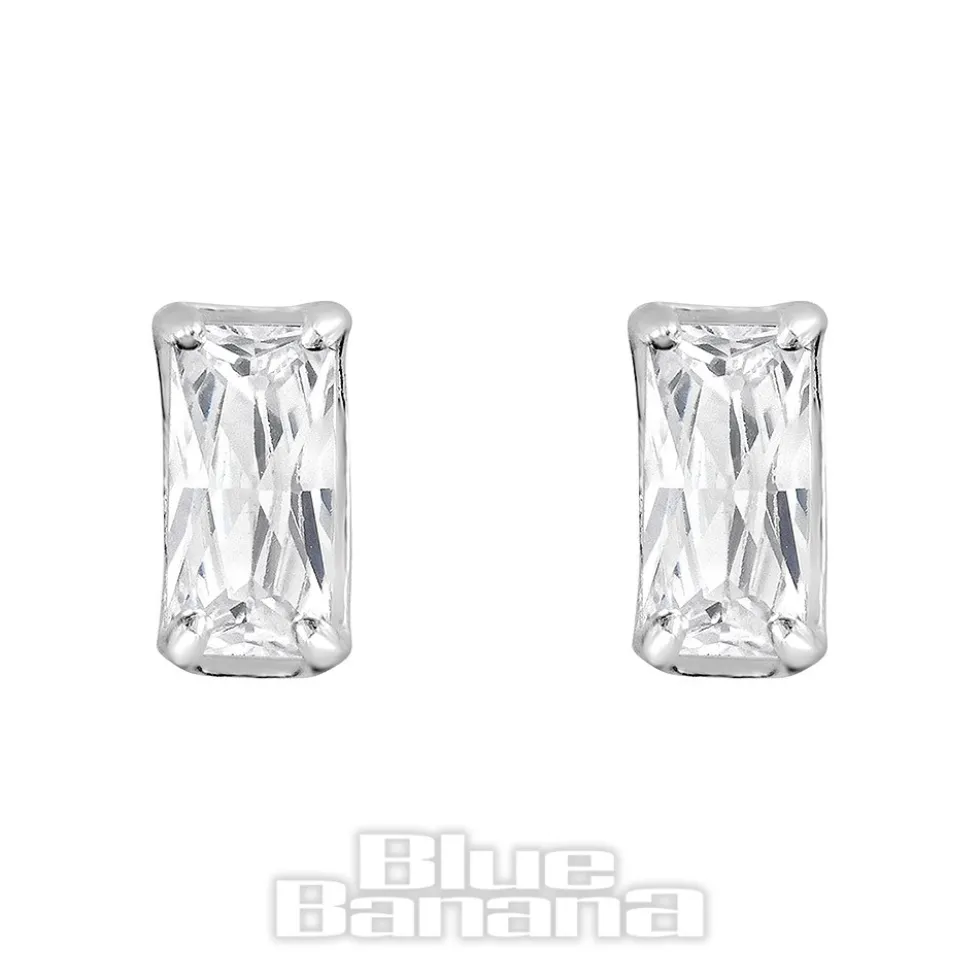 Blue Banana Silver Rectangle Crystal Ear Studs (Silver)