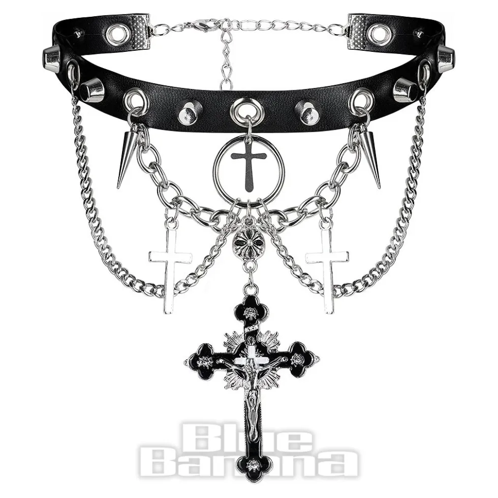 Blue Banana Skull & Crosses Choker (Black/Silver)