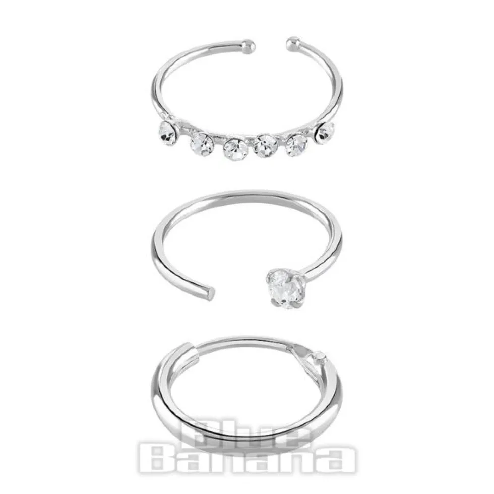 Blue Banana Sterling Silver Assorted Nose Rings (3 Pack)