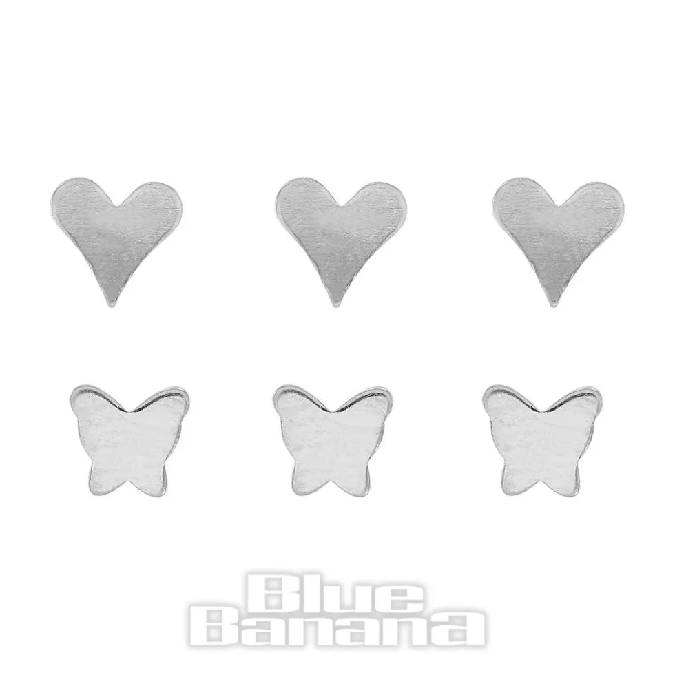 Blue Banana Sterling Silver Butterfly Heart Nose Studs (6 Pack)