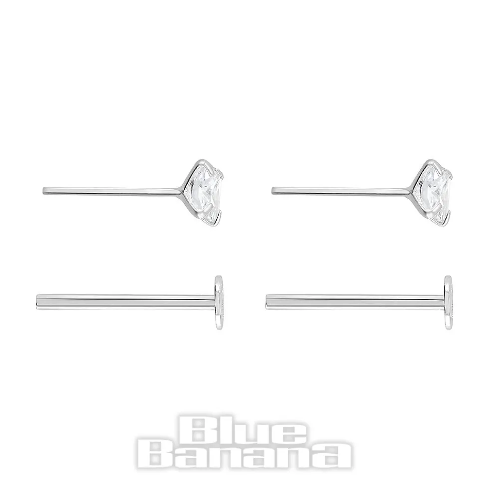 Blue Banana Sterling Silver 3mm Square Crystal Threadless Labrets (2 Pack)