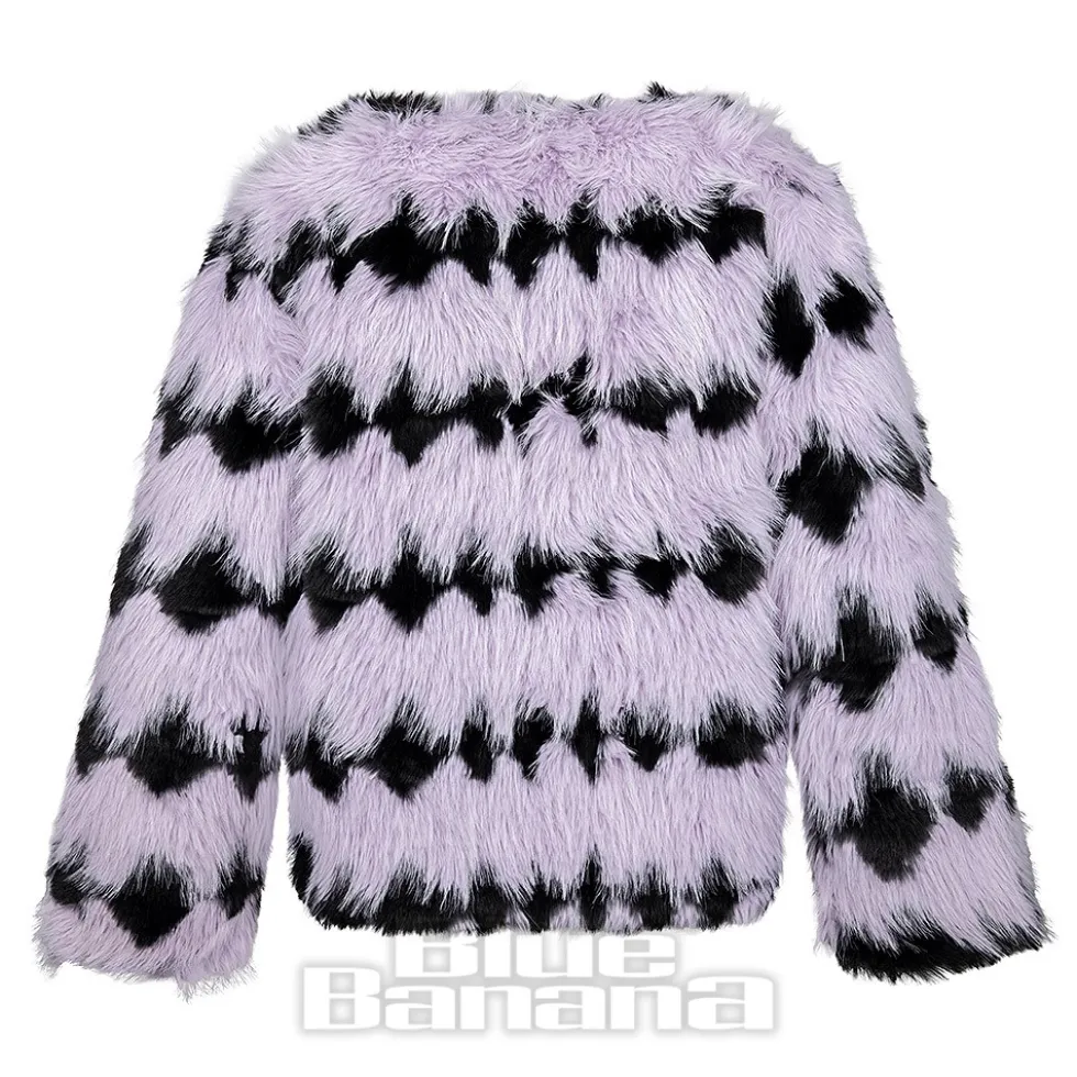 Blue Banana Striped Faux Fur Coat (Lilac/Black)