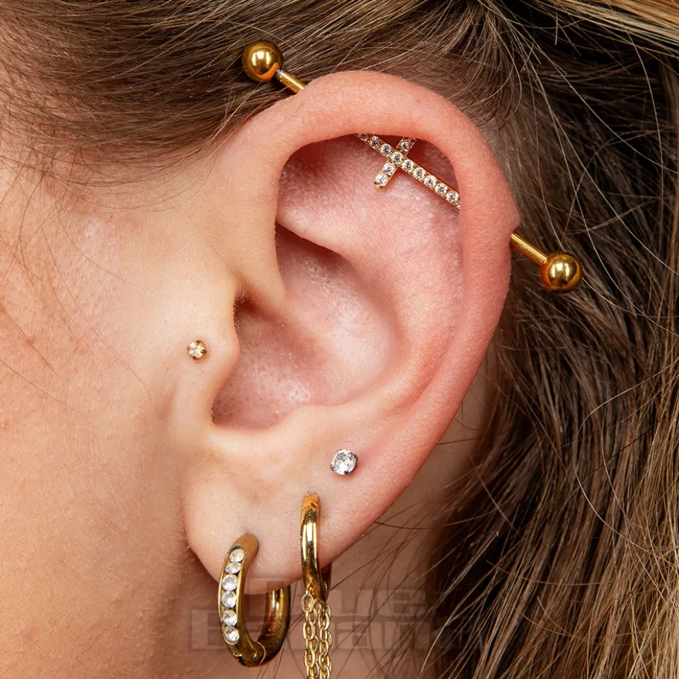 Blue Banana Surgical Steel Cross Crystal Industrial Bar (Gold)