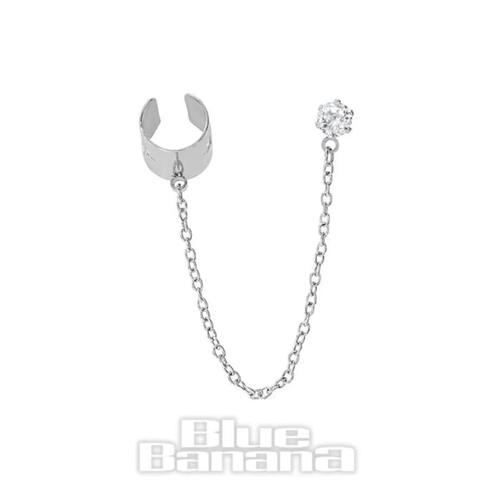 Blue Banana Surgical Steel Crystal Round Cuff Ear Chain (Silver)
