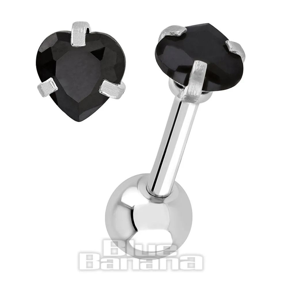 Blue Banana Surgical Steel Heart Jewel 1.2 x 6mm Tragus Bar (Black)