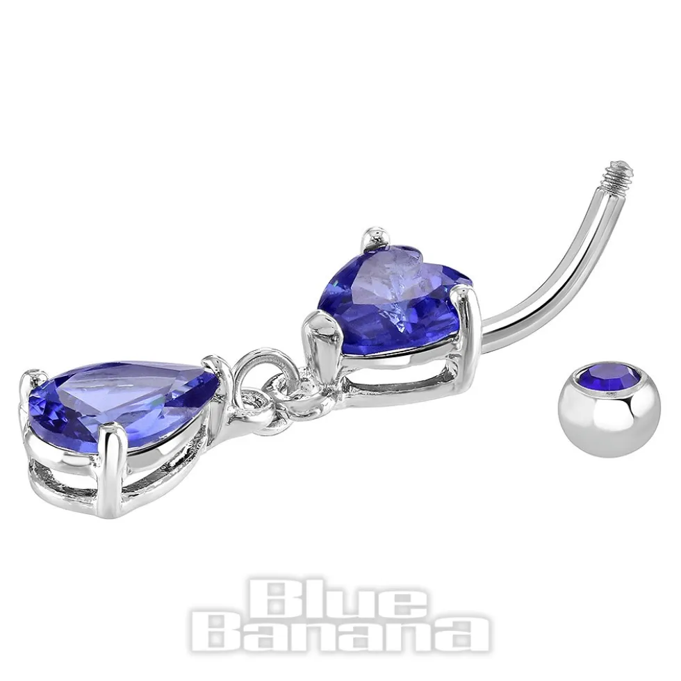 Blue Banana Surgical Steel 1.6mm Heart Drop Navel Bar (Blue Zircon)