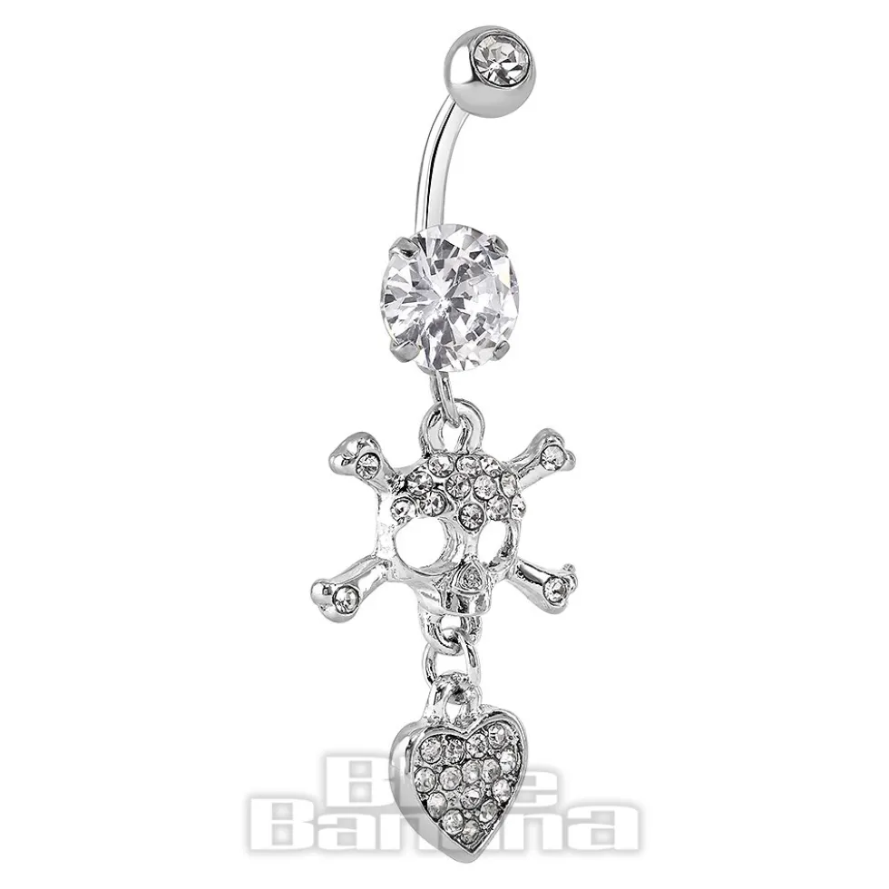Blue Banana Surgical Steel 1.6mm Skull & Crossbones Navel Bar (Crystal)