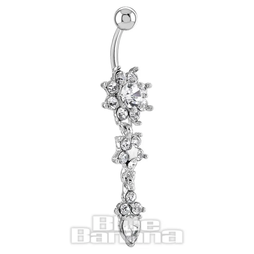Blue Banana Surgical Steel 1.6 x 10mm 3 Flower Navel Bar (Crystal)