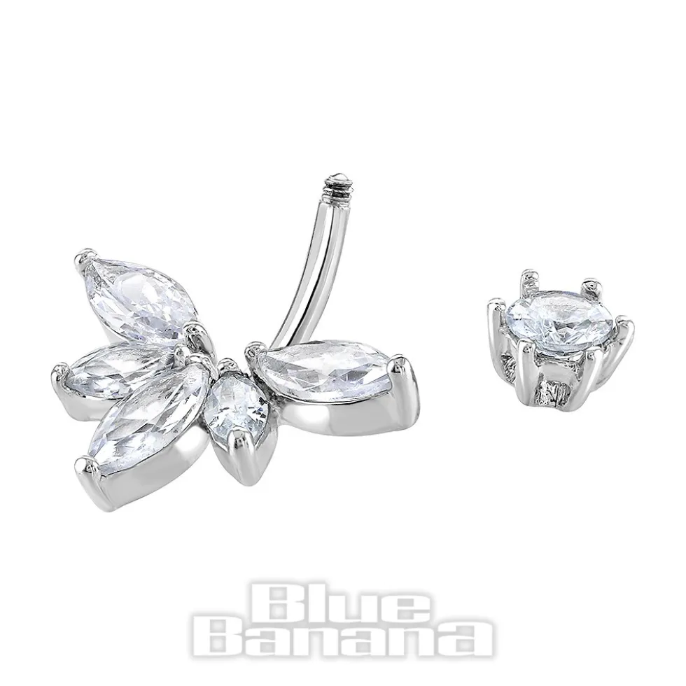 Blue Banana Surgical Steel 1.6 x 10mm 5 Oval Stones Navel Bar (Silver)