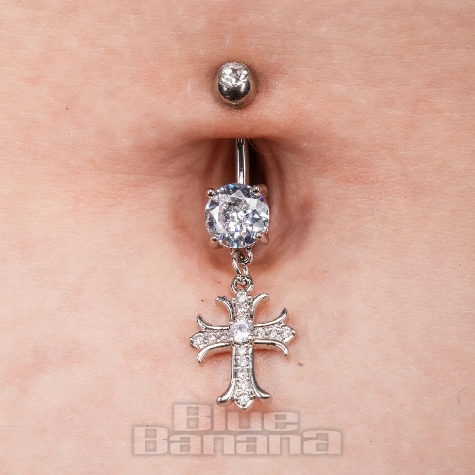 Blue Banana Surgical Steel 1.6 x 10mm Zircon Cross Navel Bar (Crystal)