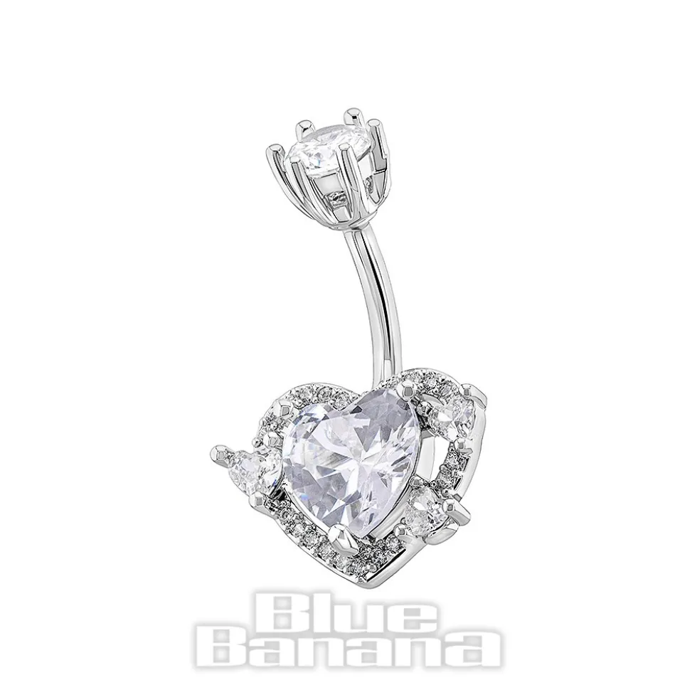 Blue Banana Surgical Steel 1.6x10mm Zirconia Heart Navel Bar (Crystal)
