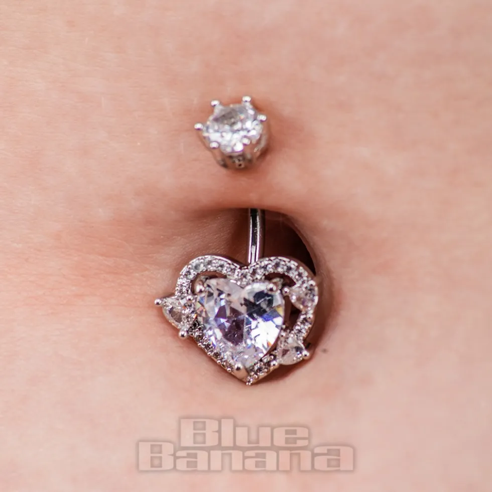 Blue Banana Surgical Steel 1.6x10mm Zirconia Heart Navel Bar (Crystal)