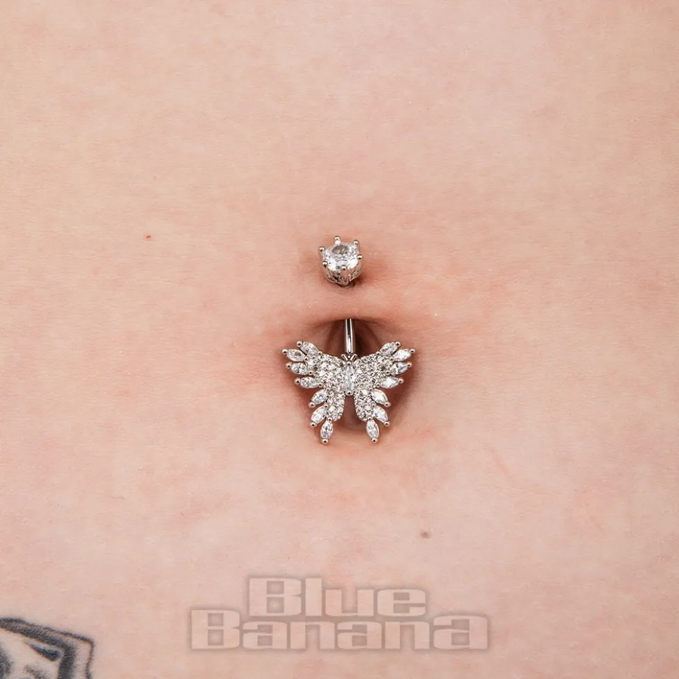 Blue Banana Surgical Steel 1.6x10mm Zirconia Butterfly Navel Bar (Crystal)