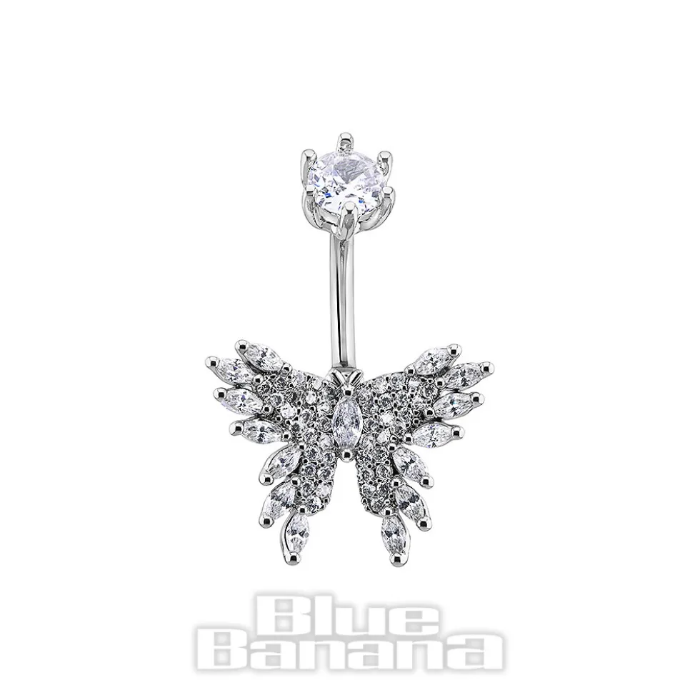 Blue Banana Surgical Steel 1.6x10mm Zirconia Butterfly Navel Bar (Crystal)