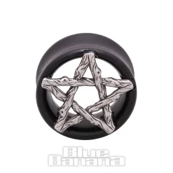 Blue Banana Wood & Silver Pentagram Tunnel 8-25mm (Black)