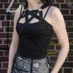 Jawbreaker Pentagram Straps & Rings Crop Top (Black)