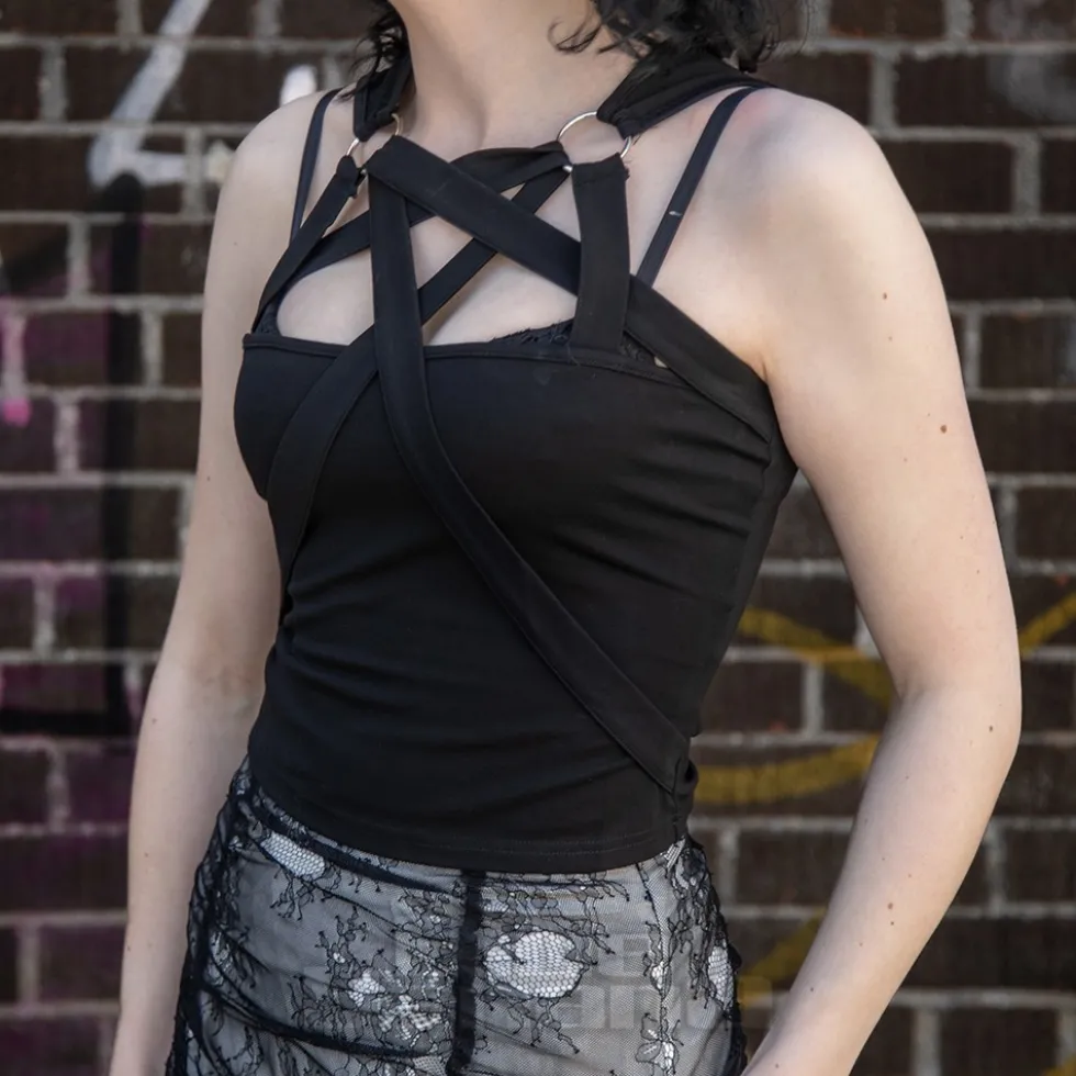 Jawbreaker Pentagram Straps & Rings Crop Top (Black)