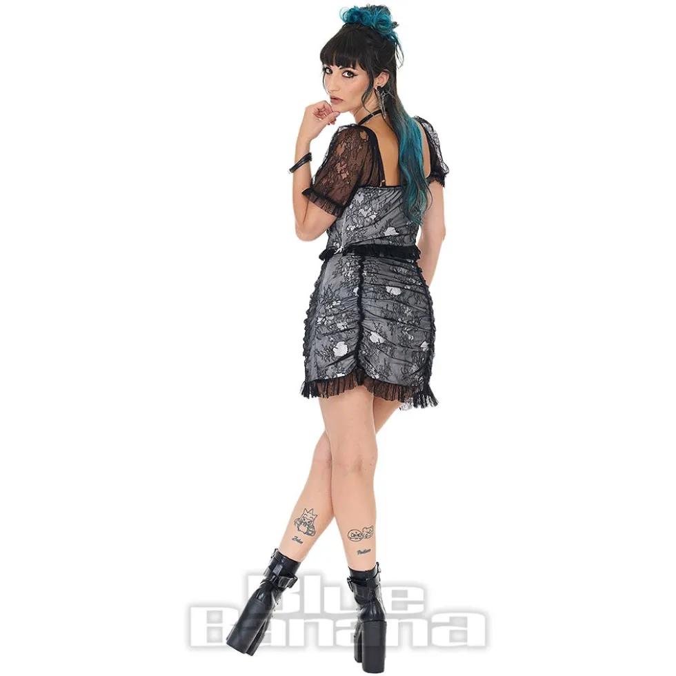 Jawbreaker Ruched Lace Mini Skirt (Black/White)