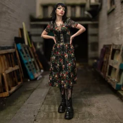 Jawbreaker Skull & Roses Mesh Midi Dress (Multicolour)