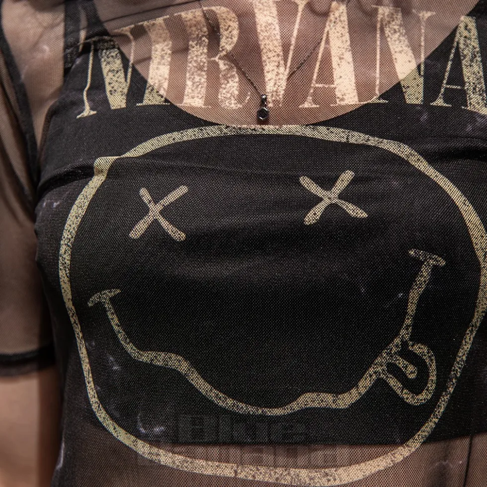 Nirvana Official Happy Face Mesh Crop T Shirt (Black)