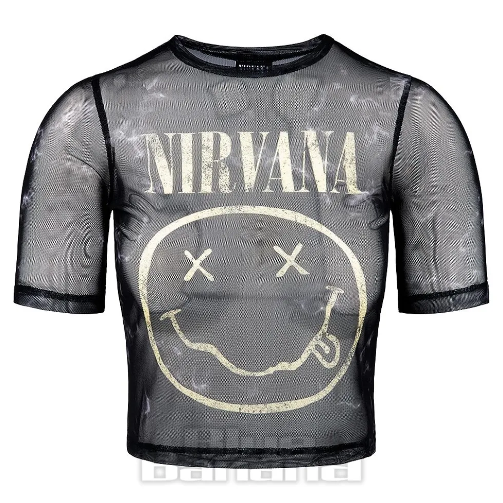 Nirvana Official Happy Face Mesh Crop T Shirt (Black)