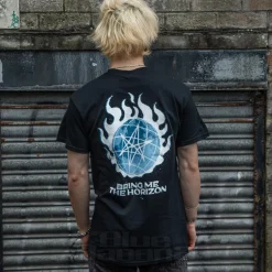 Official Bring Me The Horizon Blue Flame Globe T Shirt (Black)